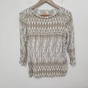 RUBY RD Women's Brown/Beige Geometric Beads Long Sleeve Blouse Top Size PM